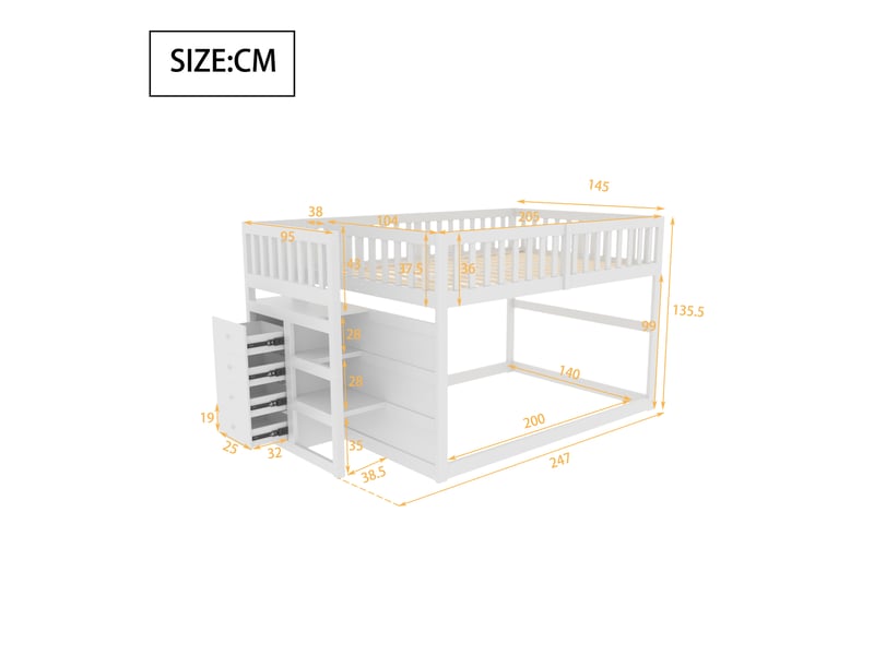  Lit superposé enfant bas 140 x 200 cm blanc avec escalier de rangement  - Conforama E
