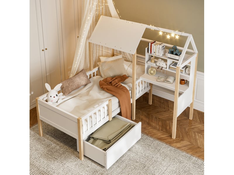  Lit enfant cabane 90 x 200 cm blanc et bois naturel avec bureau, bibliothèque et tiroir à roulettes  - Conforama B