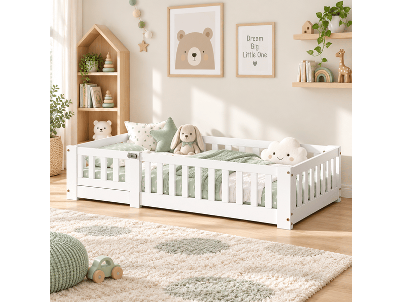 Lit au sol enfant 80x160, lit montessori au sol en bois massif avec barrière de sécurité et sommier à lattes - Conforama B