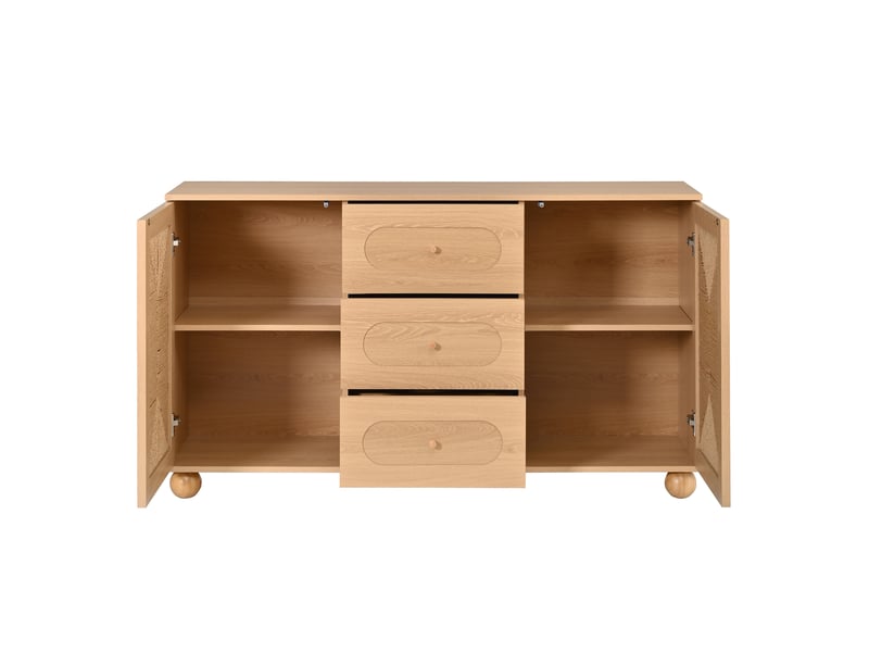 Buffet bas 140 cm naturel en mdf et panneaux de particules, 2 portes tressées, 3 tiroirs, pieds en pin massif - Conforama D