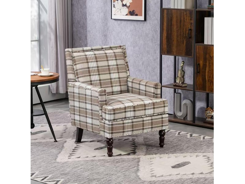  Fauteuil d'appoint 69x69x89 cm, dossier rayé, confort, structure bois, pour salon, coton et lin, couleur marron, blanc  - Conforama B