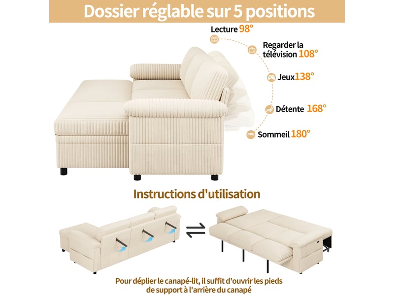  Canapé d'angle convertible en velours côtelé beige avec coffre  - Conforama D