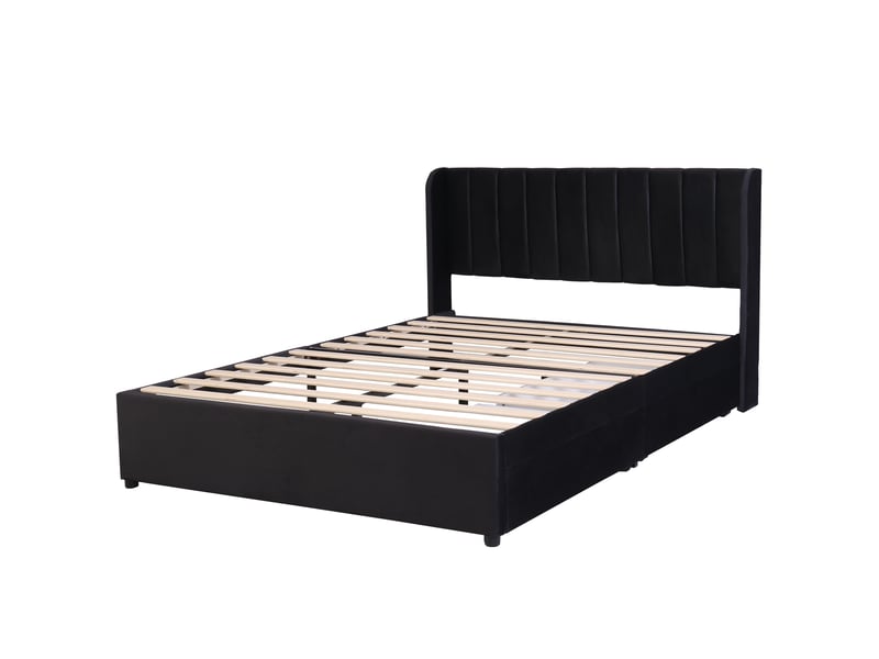  Lit capitonné en velours 160 x 200 cm avec sommier à lattes, tête de lit et 2 tiroirs, noir  - Conforama D