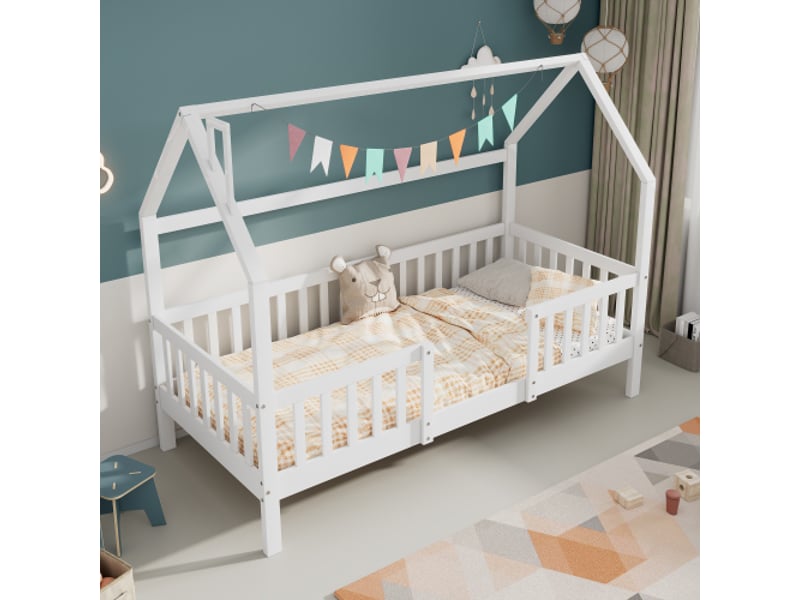  Lit cabane 90x200 cm, lit enfant avec sommier à lattes en pin, blanc, sans matelas  - Conforama C