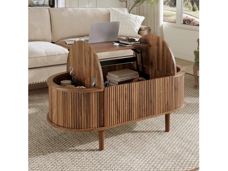 Table basse relevable ovale avec rangements rabattables, pieds en bois massif, pour salon, noyer, 100 × 48 × 53,5 cm - Conforama D