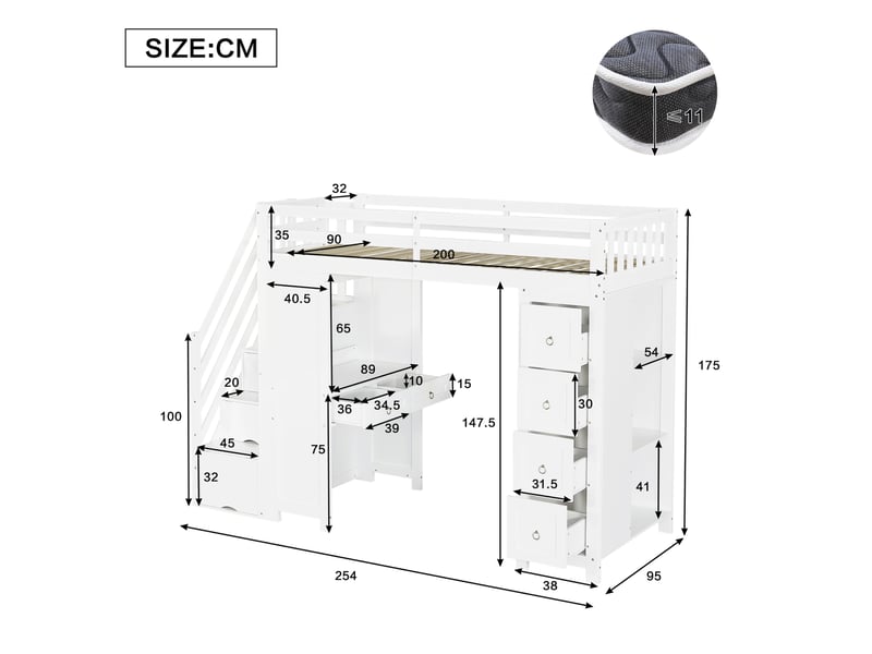  Lit enfant mezzanine rangement bureau 90x200 bois avec tiroirs et etageres homvra  - Conforama E
