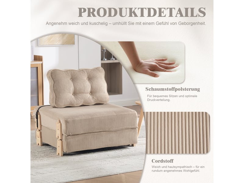  Fauteuil convertible lit escamotable design scandinave cord khaki structure bois 90x86x84 cm  - Conforama D