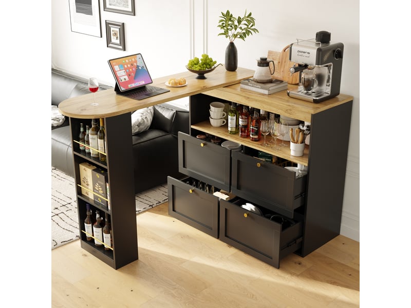  Table de bar pivotante à 360° avec 4 tiroirs et étagères, meuble de rangement en mdf, couleur principale noire moderne, 105x39x102cm.  - Conforama R