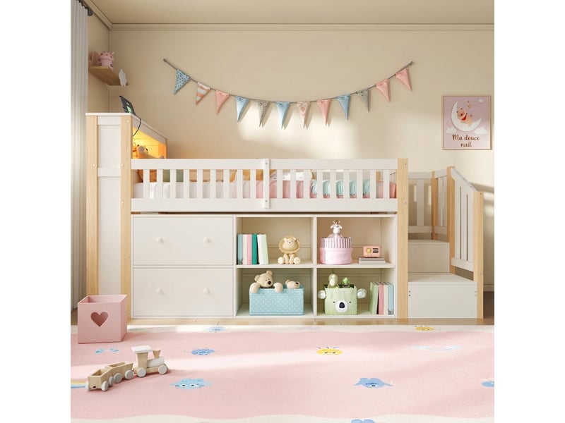  Lit mezzanine 90x200 bois naturel avec rangements, escalier et éclairage led sans matelas  - Conforama B