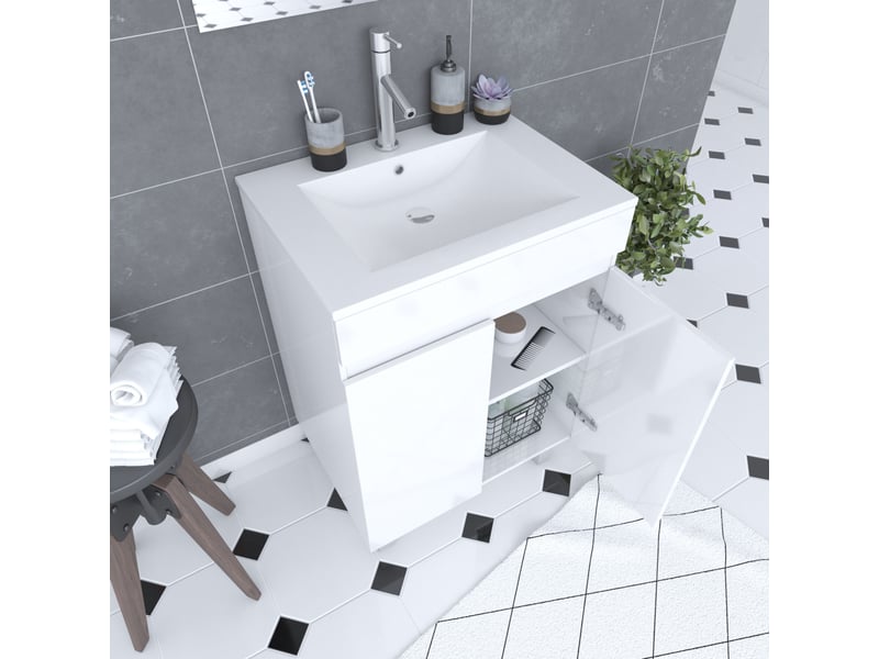  Ensemble meuble de salle de bain 60x45x81-meuble mdf-melamine brillant blanc-vasque ceramique+miroir  - Conforama D