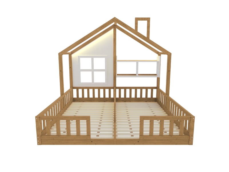 Lit enfant cabane double, bois naturel, 90 x 200 cm, fenêtres, led, étagères et garde-corps - Conforama A