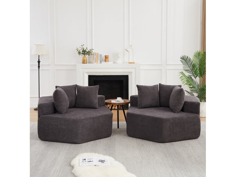  Fauteuil modulable hexagonal avec design modulaire et 3 coussins, en chenille mousse à ressort gris  - Conforama C
