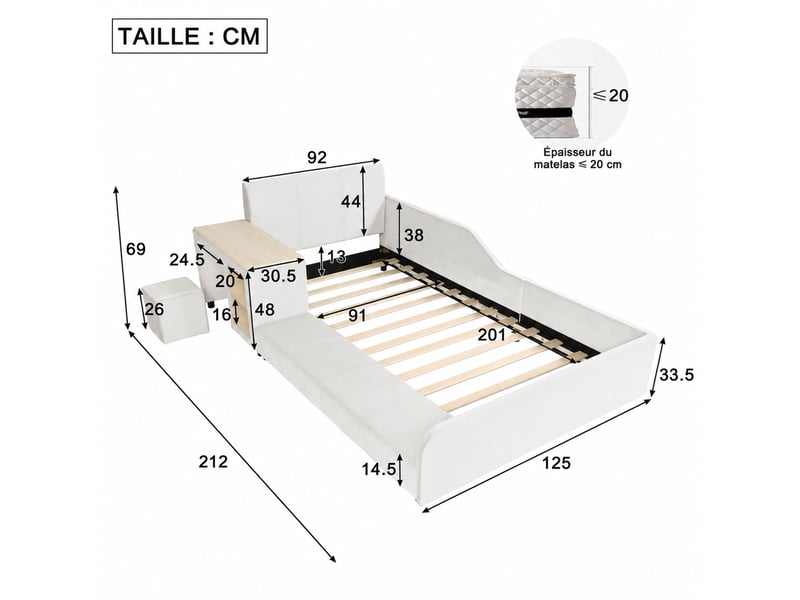  Lit enfant 90x200 cm - lit simple avec bureau et tabouret, rangement pratique, tête de lit douce, sans matelas, velours, blanc  - Conforama C