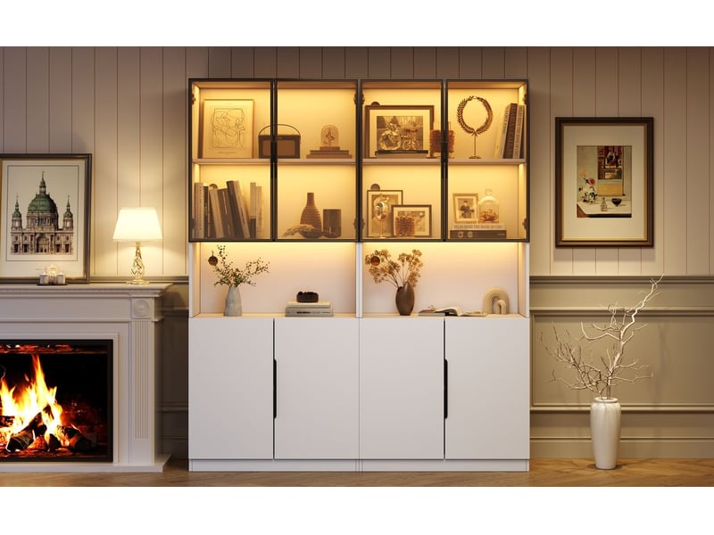  Vitrine 30 x 160 x 200 cm portes en verre rangement d'objets de collection éclairage led température de couleur réglable luminosité réglable finition blanche style minimaliste moderne  - Conforama B