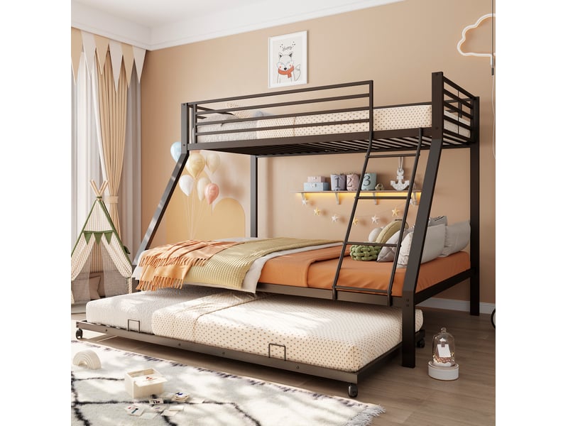  Lit superposé 3 places 90 × 200 cm et 140 × 200 cm avec lit gigogne 90 × 190 cm, sans matelas, métal noir  - Conforama B