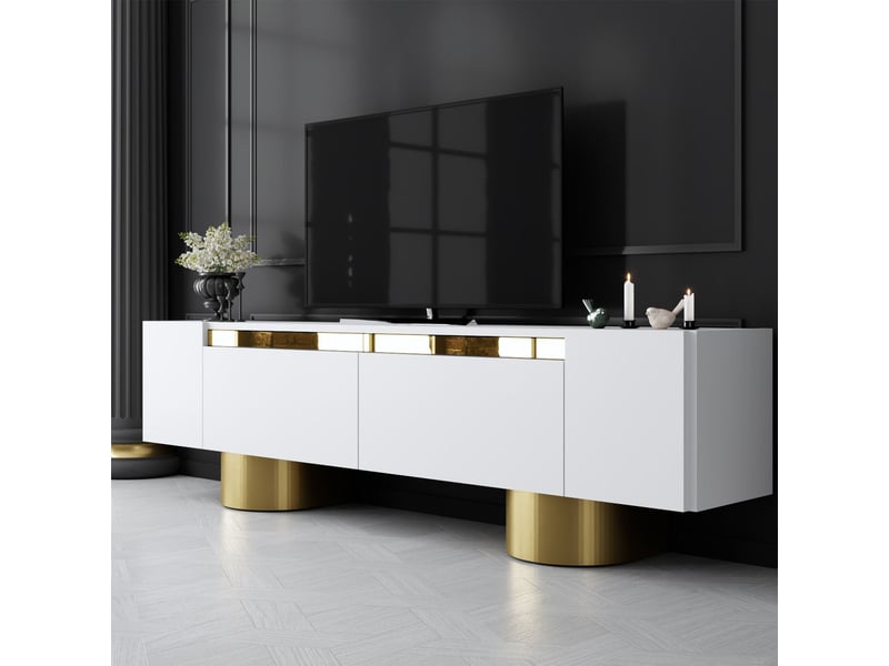  Meuble tv 2 portes abattantes blanc et doré  - Conforama E