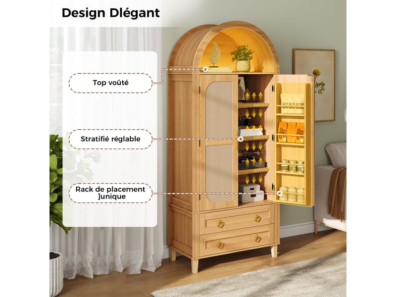  Buffet haut naturel 2 portes 2 tiroirs avec led intégrée, niche voûtée et décor rotin, 76 x 40 x 179,5 cm pour salon, chambre ou bureau  - Conforama D