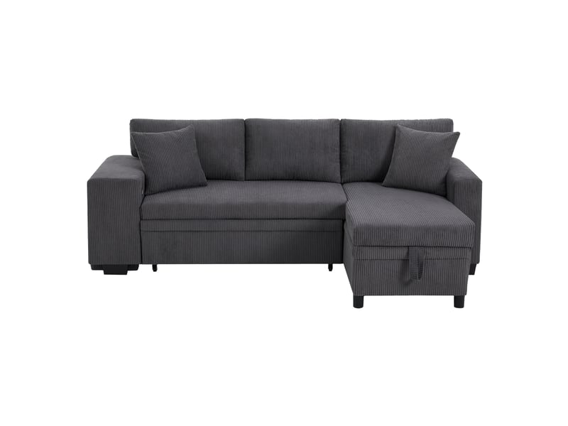 Canapé d'angle convertible 3 places en velours côtelé gris avec coffre et coussins inclus - Conforama A