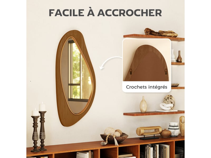  Miroir mural asymétrique 91,5 x 45 cm, miroir suspendu moderne, cadre en bois, effet bois naturel  - Conforama E