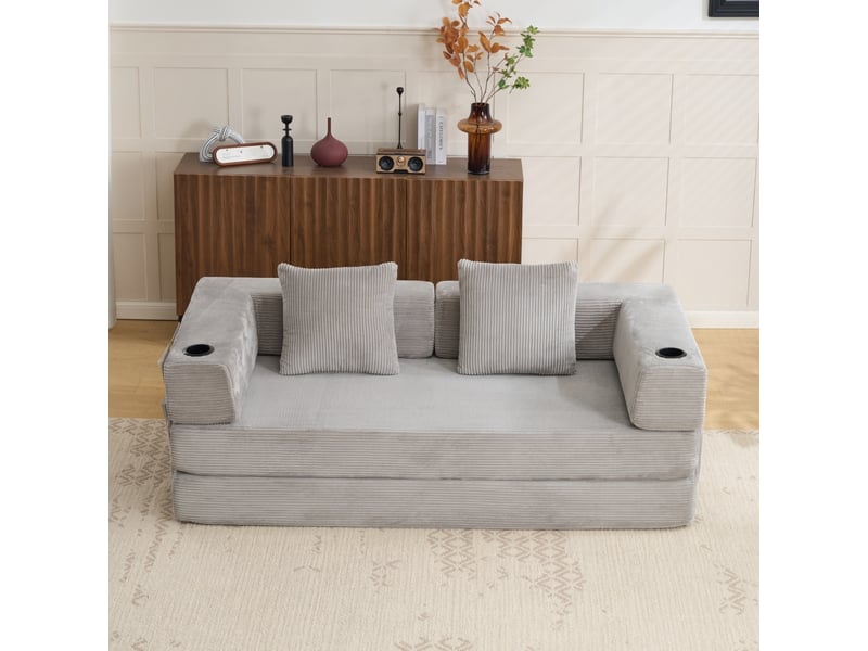 Canapé de sol convertible pliable en velours côtelé, porte-gobelets, poche latérale, sans montage, gris clair - Conforama C