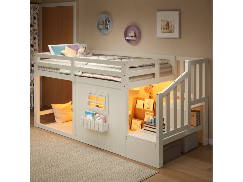  Lit mezzanine enfant 90x200 cm avec escalier de rangement et led blanc  - Conforama D
