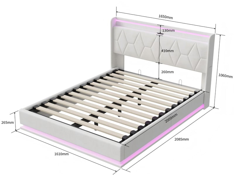 Lit coffre 160x200 cm avec tête de lit - leds - coloris blanc - sommier à lattes et espace de rangement - Conforama C