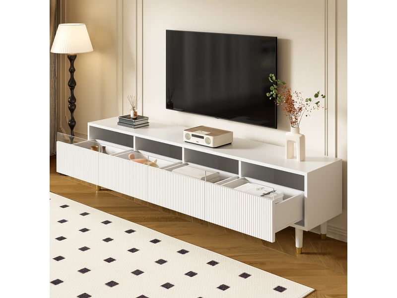  Meuble tv avec 4 tiroirs et passe-cables, design minimaliste pour salon, en mdf, blanc, 178 x 35 x 45 cm  - Conforama B