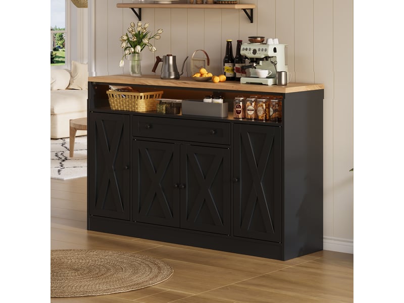 Buffet bas 140x35x95 cm noir avec led rgb, 4 portes style grange, tiroir, étagères de rangement, meuble cuisine salle à manger moderne  - Conforama C