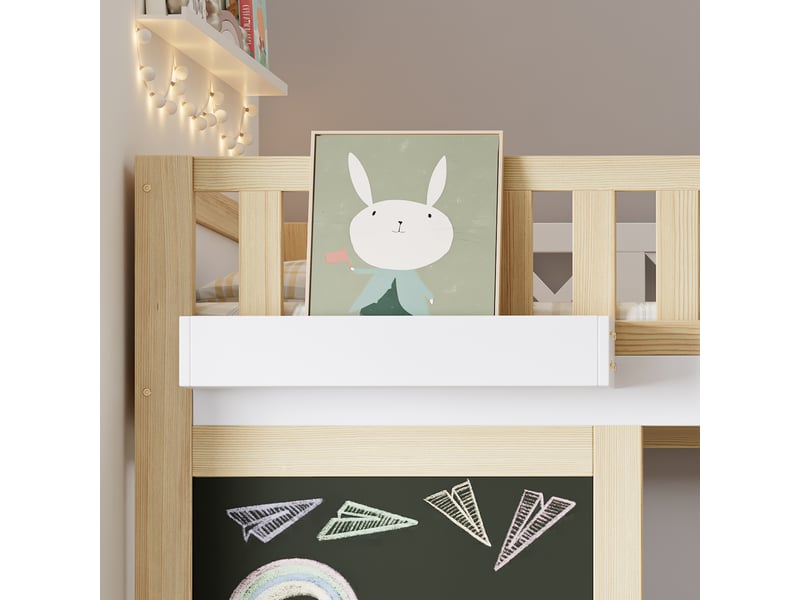  Lit mezzanine enfant 90x200 cm blanc et naturel, tableau noir, boîte de rangement et échelle  - Conforama C
