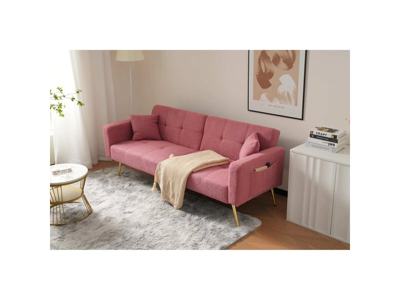  Canapé-lit 175x64x72 cm dossier réglable, poches latérales, pieds dorés, tissu sherpa rose  - Conforama B