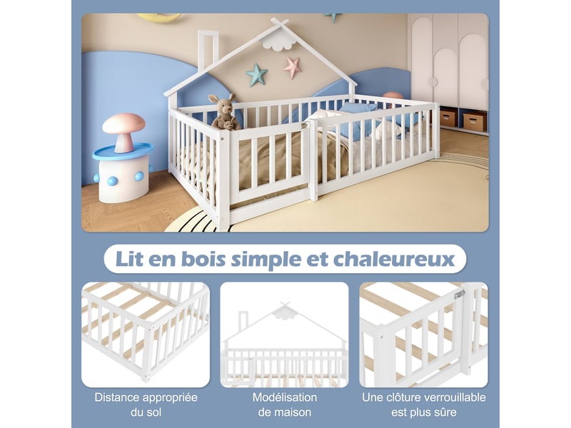 Lit enfant 90x190 cm, forme de maison, garde-corps, sommier, pin blanc, sans matelas - Conforama D