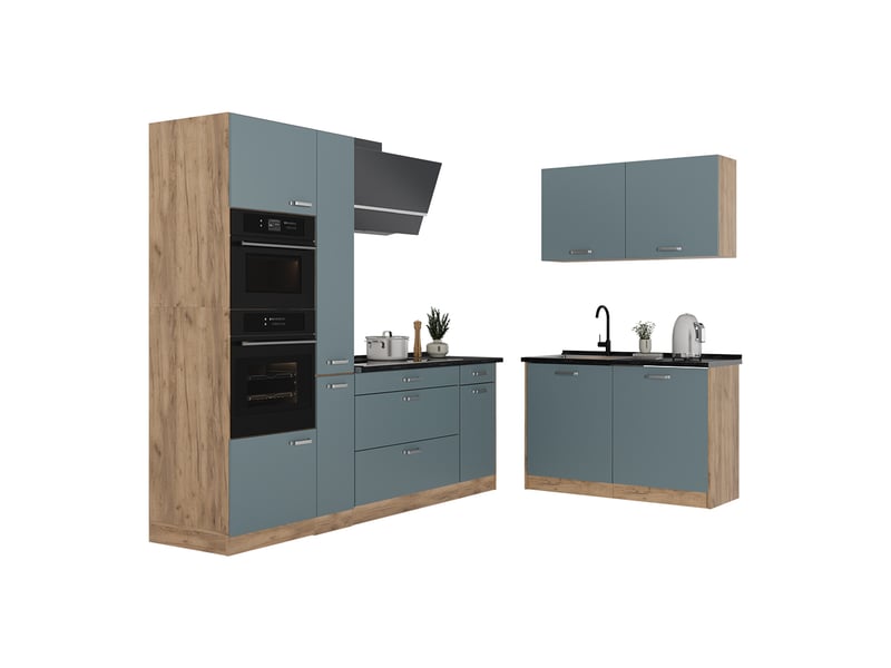 Vicco cuisine en angle, bleu-grischêne doré, 230 x 120 cm plan de travail marbre - Conforama E