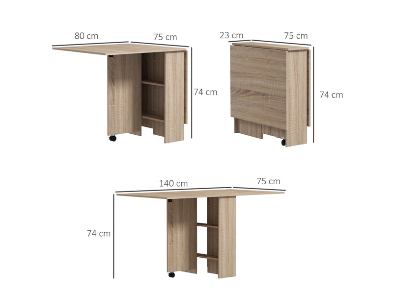  Table pliante en bois naturel avec 2 abattants, 2 étagères et roulettes, idéale pour la cuisine ou la salle à manger. Dimensions : 75 x 140 x 74 cm.  - Conforama E