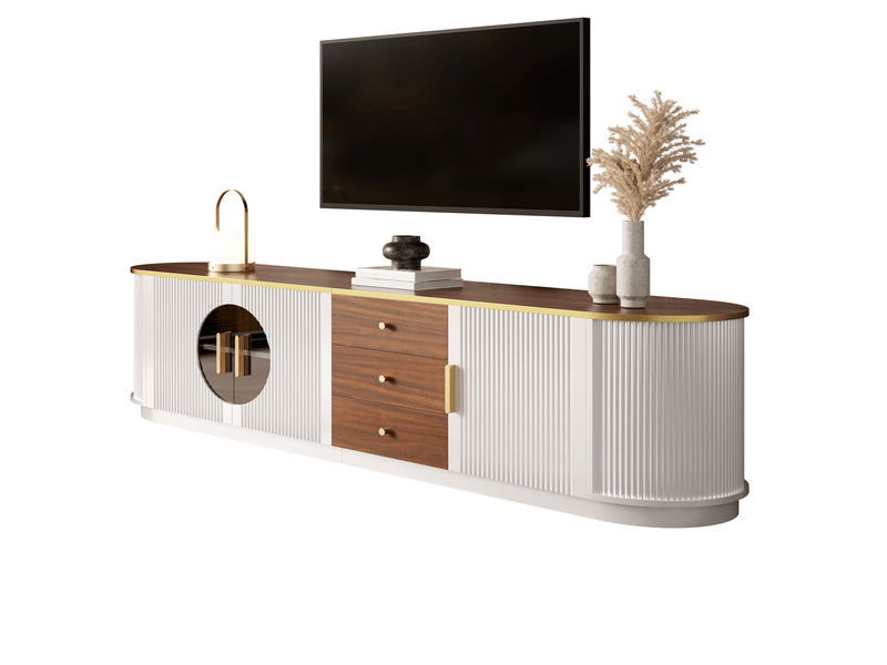  Meuble tv avec 3 tiroirs, 3 portes, passe-câbles, mdf blanc et verre brun, pour salon, 180x40x46 cm  - Conforama A