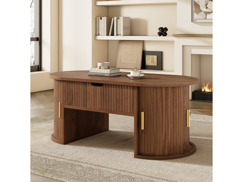 Table basse relevable ovale 100x50x40.5cm avec portes coulissantes | coffre et niches décor noyer mdf | charge 60kg - noyer - Conforama D