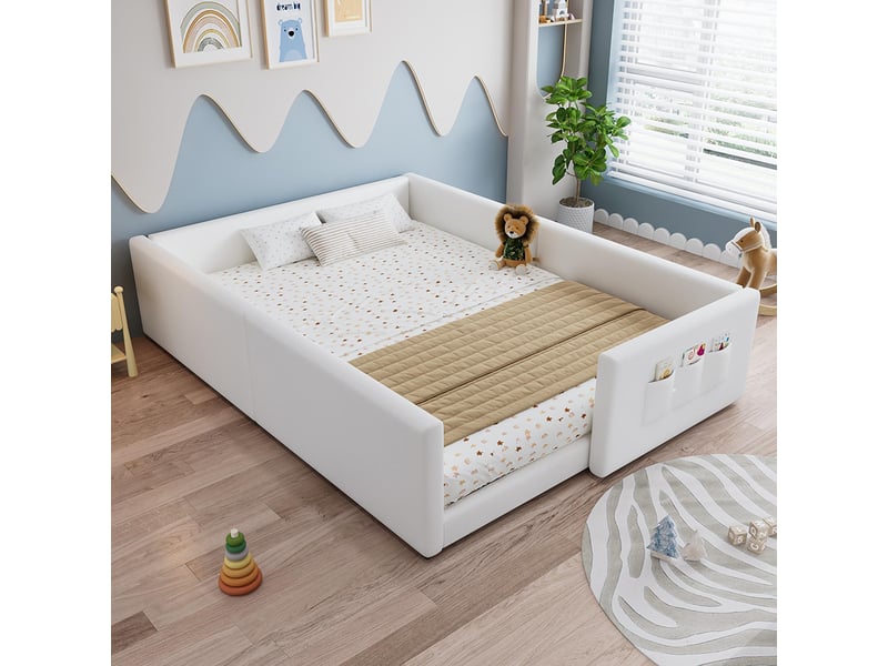 Lit enfant 140x200 cm rembourré pu 3 poches latérales design moderne épuré blanc - Conforama E
