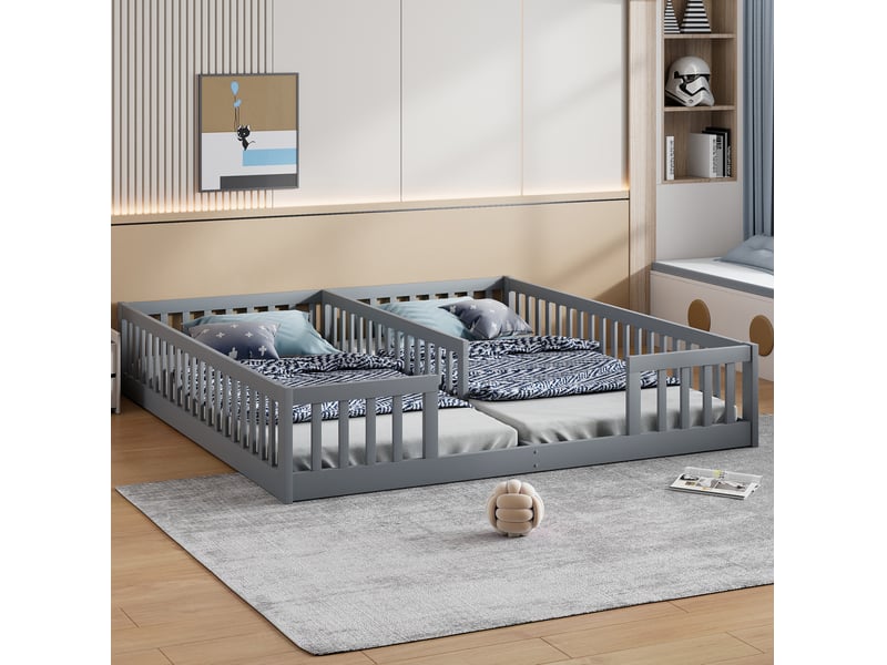 Lit enfant double au sol 2 x 90 x 200 cm avec barrières, gris, sans sommier à lattes - Conforama E