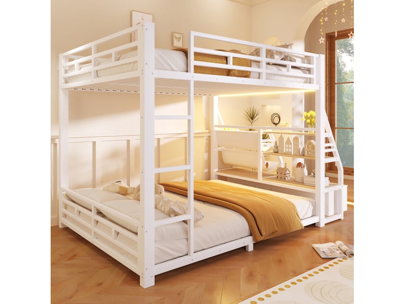 Lit superposé 140x200 cm led, 2 tiroirs en tissu, rangements pratiques, métal et bois, blanc, sans matelas - Conforama E