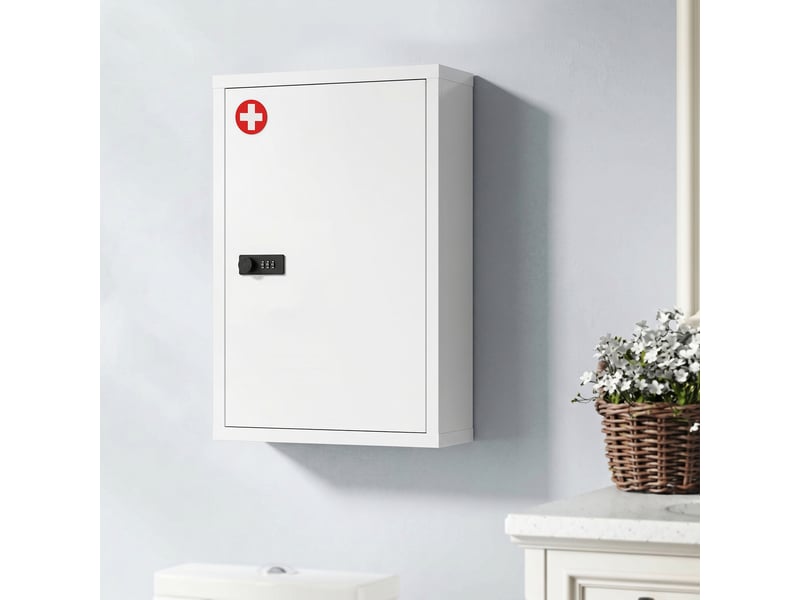  Armoire à pharmacie murale, meuble de salle de bain avec serrure à combinaison, porte et compartiments de rangement, blanche  - Conforama D