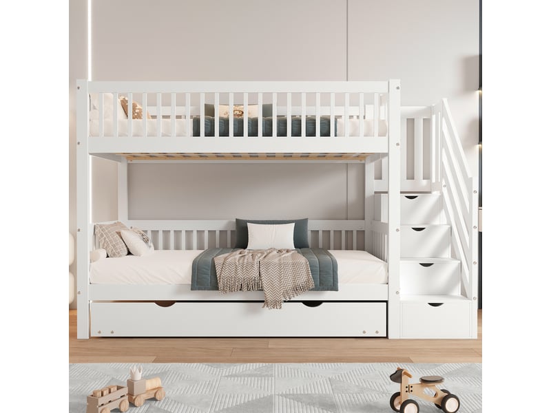 Lit superposé enfant 90x200 - lit gigogne 90x190 - armoire - échelle - barrières - blanc Bubbly Shop - Conforama E