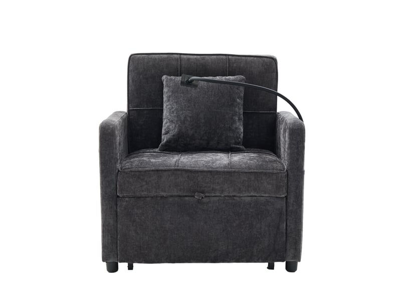  Fauteuil-lit 2-en-1 gris en chenille avec coussin, tablette et rangements  - Conforama A