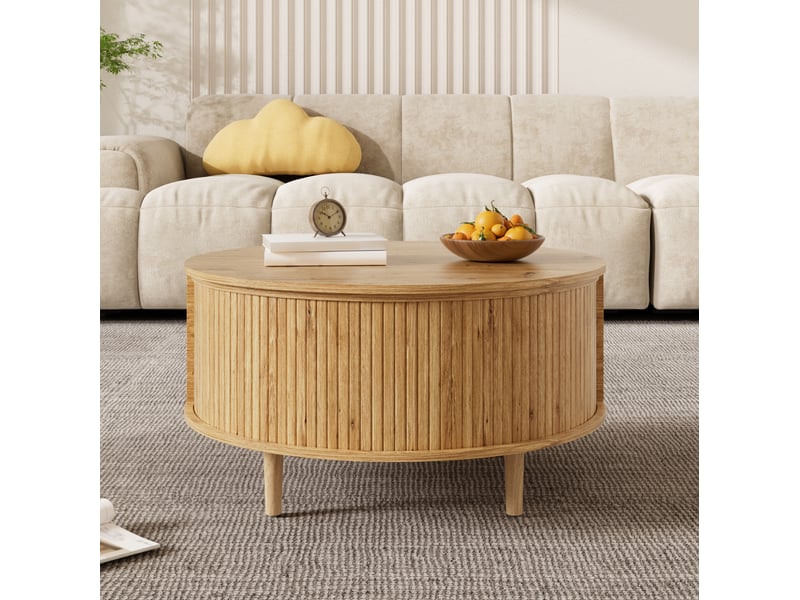  Table basse ronde relevable avec rangement et porte coulissante pour salon en mdf couleur chêne  - Conforama E