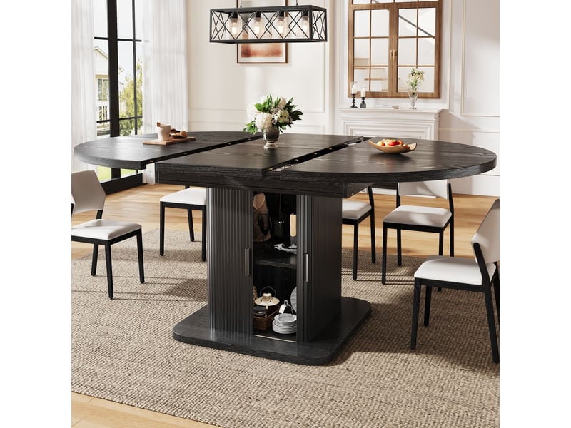  Table à manger 149 cm rangement portes coulissantes plateau amovible table extensible finitions noyer et noir  - Conforama B