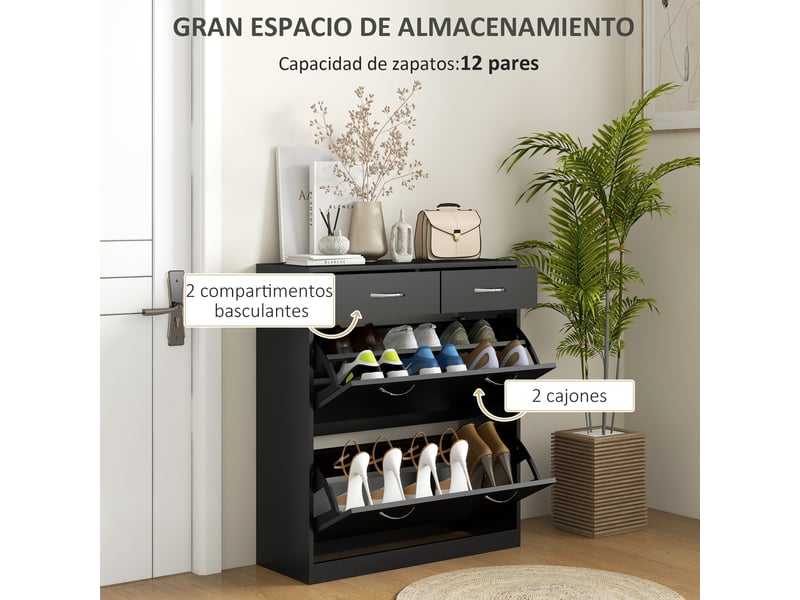 Meuble à chaussures étroit avec 2 tiroirs abattants pour 12 paires de chaussures, 80 x 30 x 91,5 cm, noir  - Conforama E