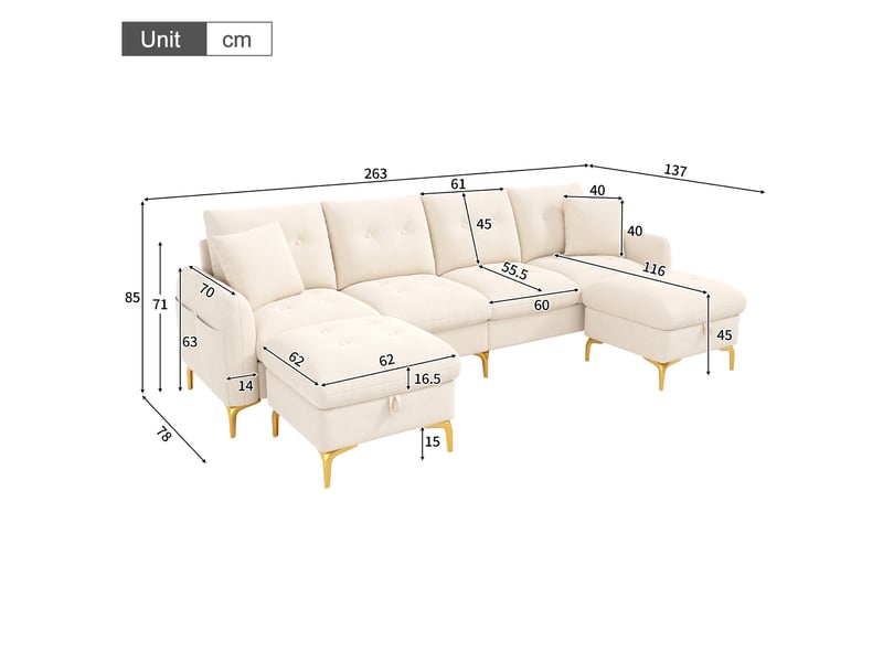  Canapé modulable en u 4 places avec 2 poufs de rangement, poche latérale et capitonnage en chenille beige  - Conforama D