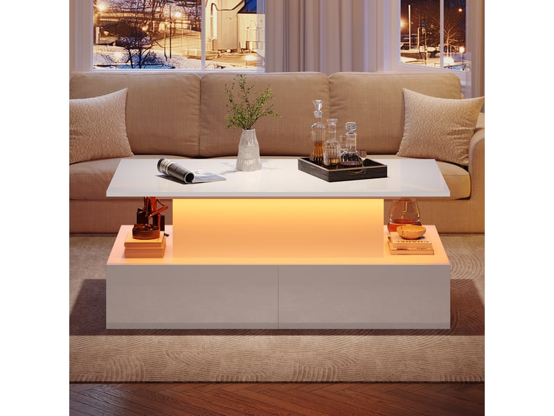  Table basse moderne blanche laquée brillante avec éclairage led et 4 tiroirs – élégante table d'appoint de 90 x 55 x 41 cm avec espace de rangement, supportant jusqu'à 30 kg  - Conforama B