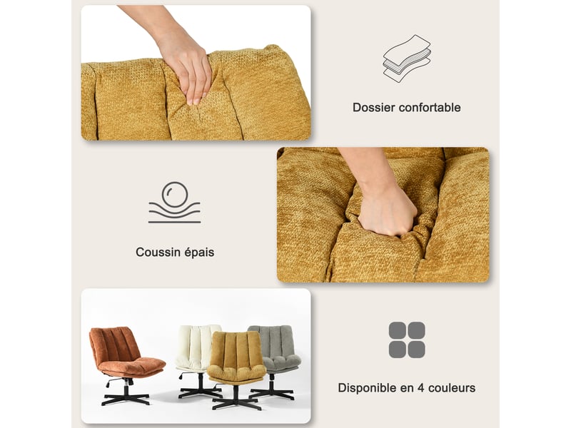 Fauteuil salon pivotant sur 360°, réglable en hauteur, sans accoudoirs, en tissu chenille, jaune - Conforama E
