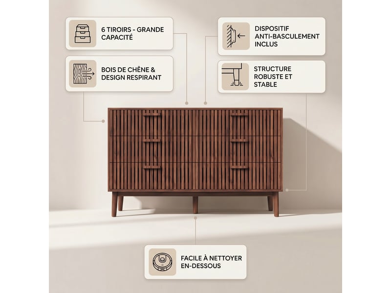 Commode de chambre, 100x34x73 cm, avec 6 tiroirs de grand rangement, en bois, design à lattes, couleur noyer - Conforama C