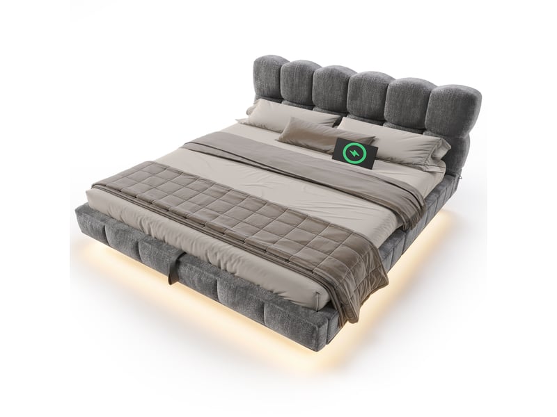  Lit coffre rembourré 180 x 200 cm, design flottant effet nuage, rangement hydraulique, led, usbtype-c, revêtement en chenille, gris Bliss Lite - Conforama A