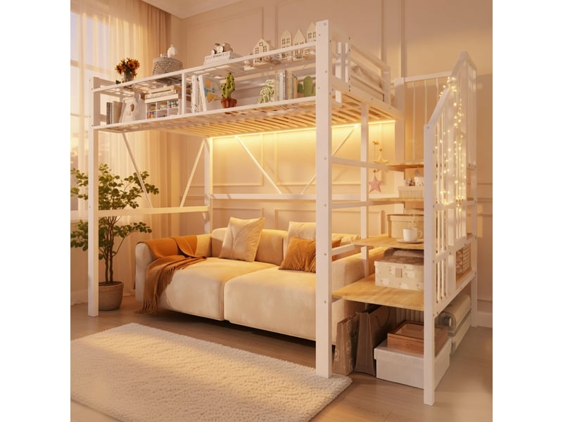  Lit mezzanine 90x200cm en métal avec étagère échelle éléments grille panier rangement ouvert sous le lit bande led sans matelas blanc  - Conforama B